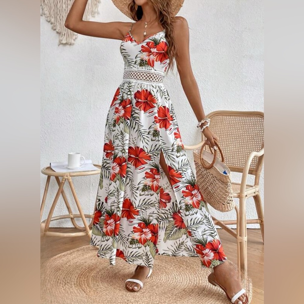 LAST ONE 🔥 Boho Red Tropical Print Split Thigh Cami Dress